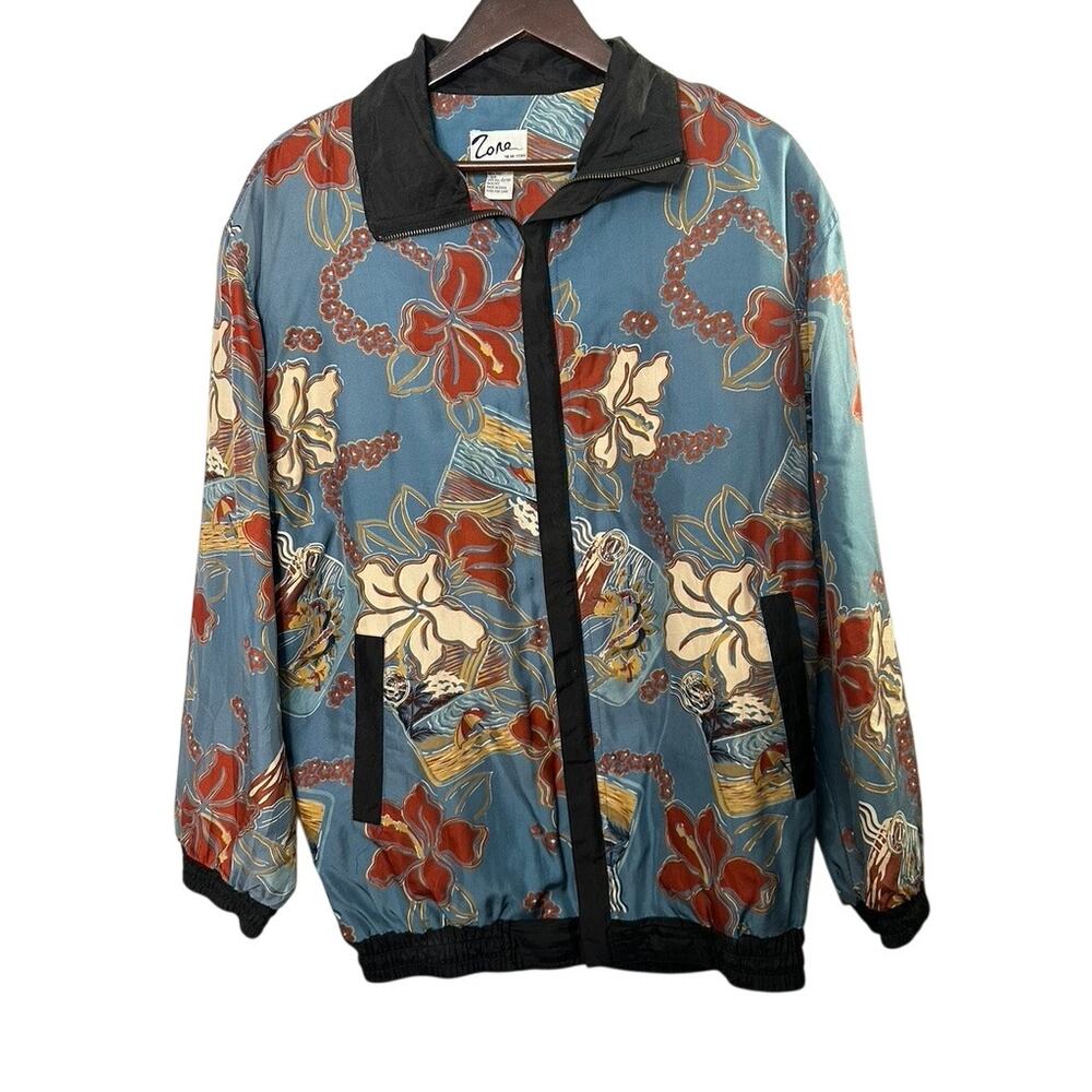 Vintage 100% Silk Blue Floral Bomber Jacket Women's Size XL Shoulder Pads